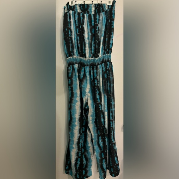 Lucy Diamonds Womens Polyester Aqua Black White Strapless Wide Leg Jumpsuit Sz L - Picture 2 of 10